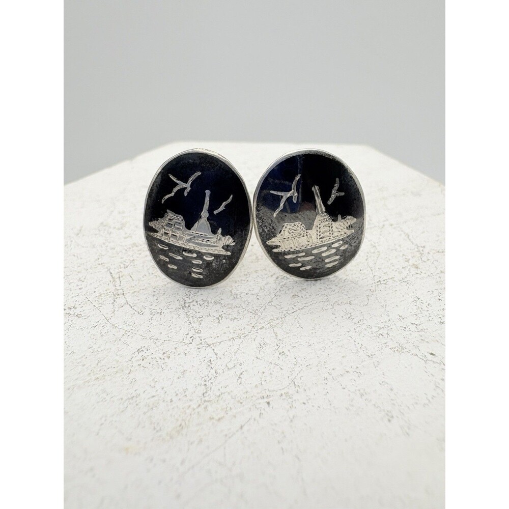 Rare Vintage Siam Sterling Silver Cufflinks Temple Seagulls Mosaic Aesthetic
